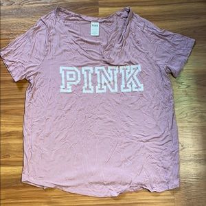 PINK V-neck modal tee with block letters